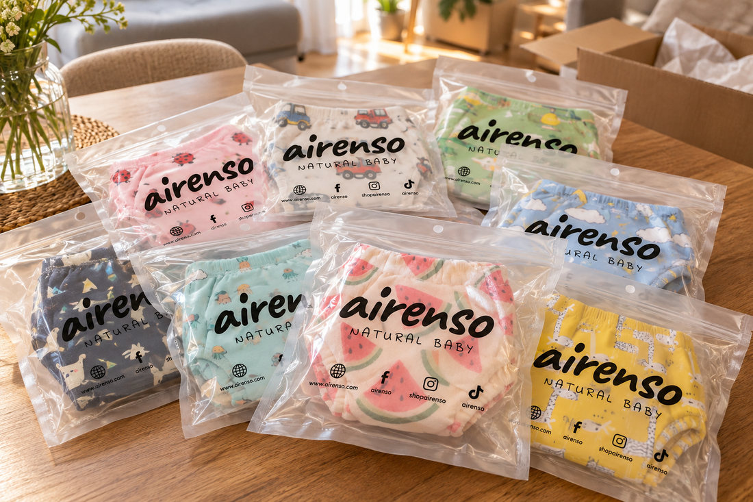 Acht airenso trainingsbroekjes in verpakking met verschillende prints op een houten tafel