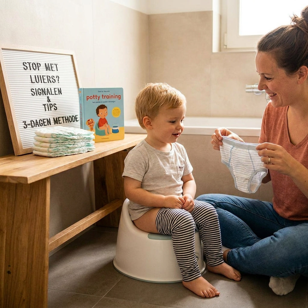 Peuter op een potje in de badkamer terwijl moeder een onderbroekje laat zien, naast een bord over de 3-dagenmethode