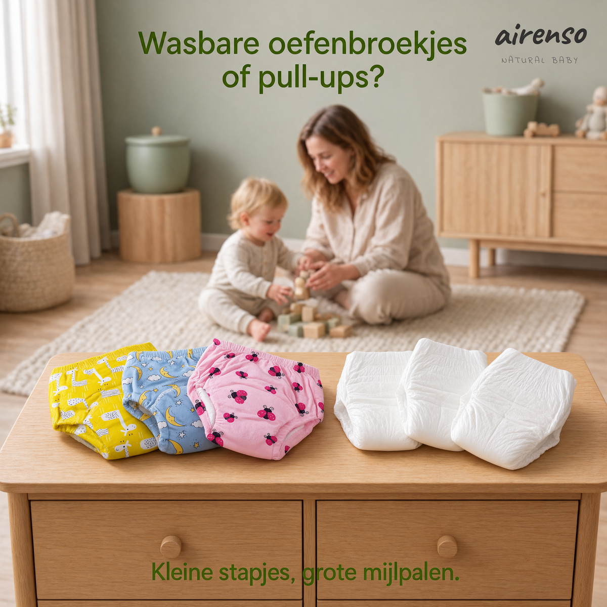 Wasbare airenso oefenbroekjes naast witte wegwerp-pull-ups op een commode, met moeder en peuter op de achtergrond