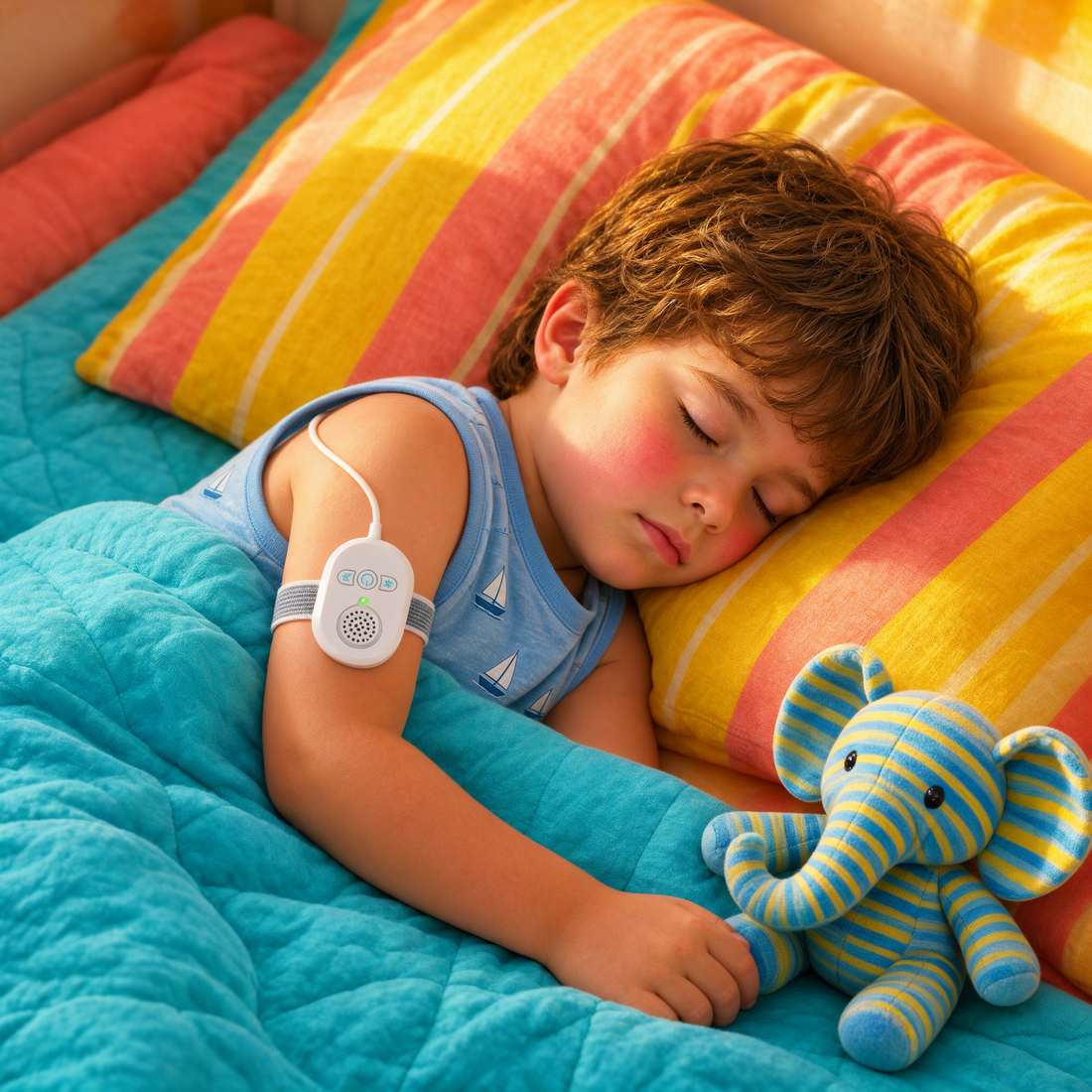 kind met een plaswekker in bed