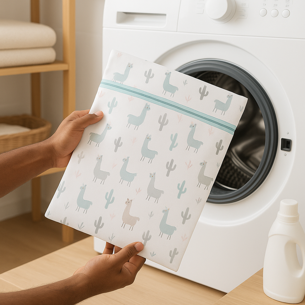 Waszak met lamaprint voor trainingsbroekjes bij de wasmachine