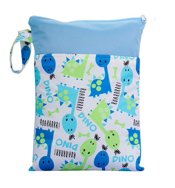airenso wet bag met dinoprint en lichtblauwe bovenkant