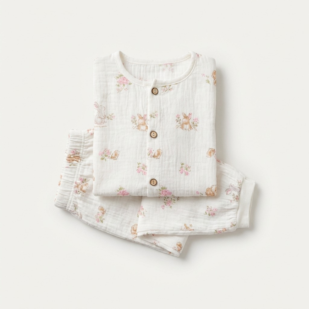Lentehaasje kinderpyjama met konijntjes en bloemen – airenso