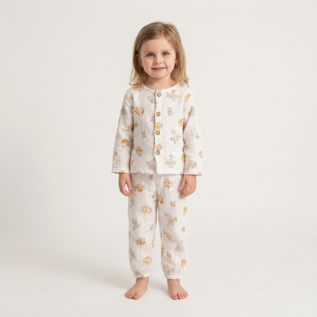 Lentehaasje kinderpyjama met konijntjes en bloemen – airenso