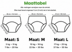 Maattabel airenso trainingsondergoed: S 3-9 kg, M 10-16 kg, L 17-25 kg