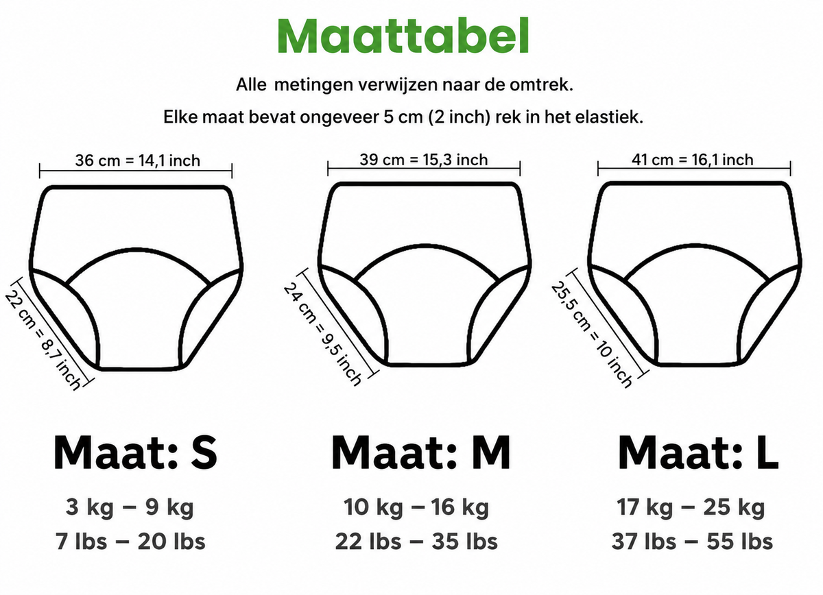 Maattabel airenso trainingsondergoed: S 3-9 kg, M 10-16 kg, L 17-25 kg