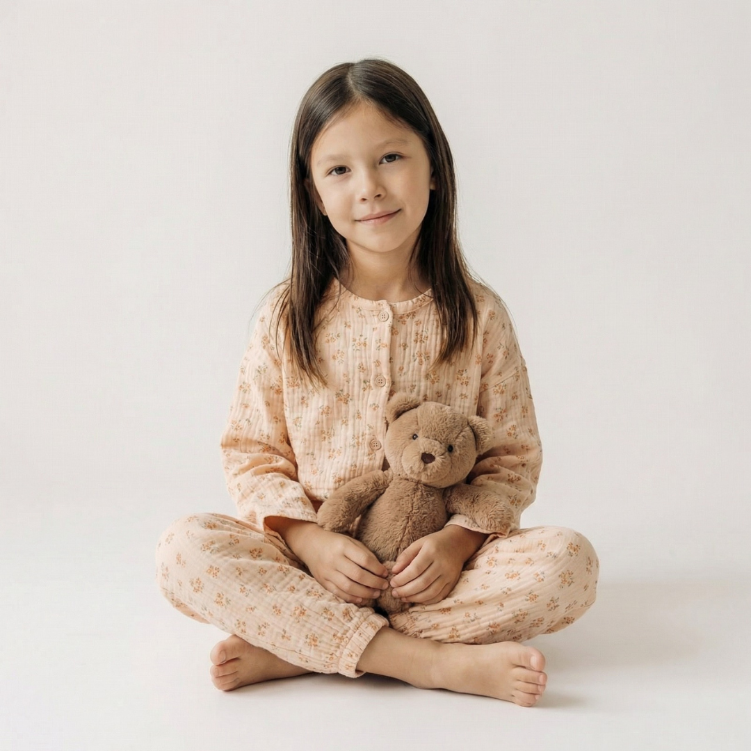 Rozentuin kinderpyjama in perzik met bloemetjesprint – airenso
