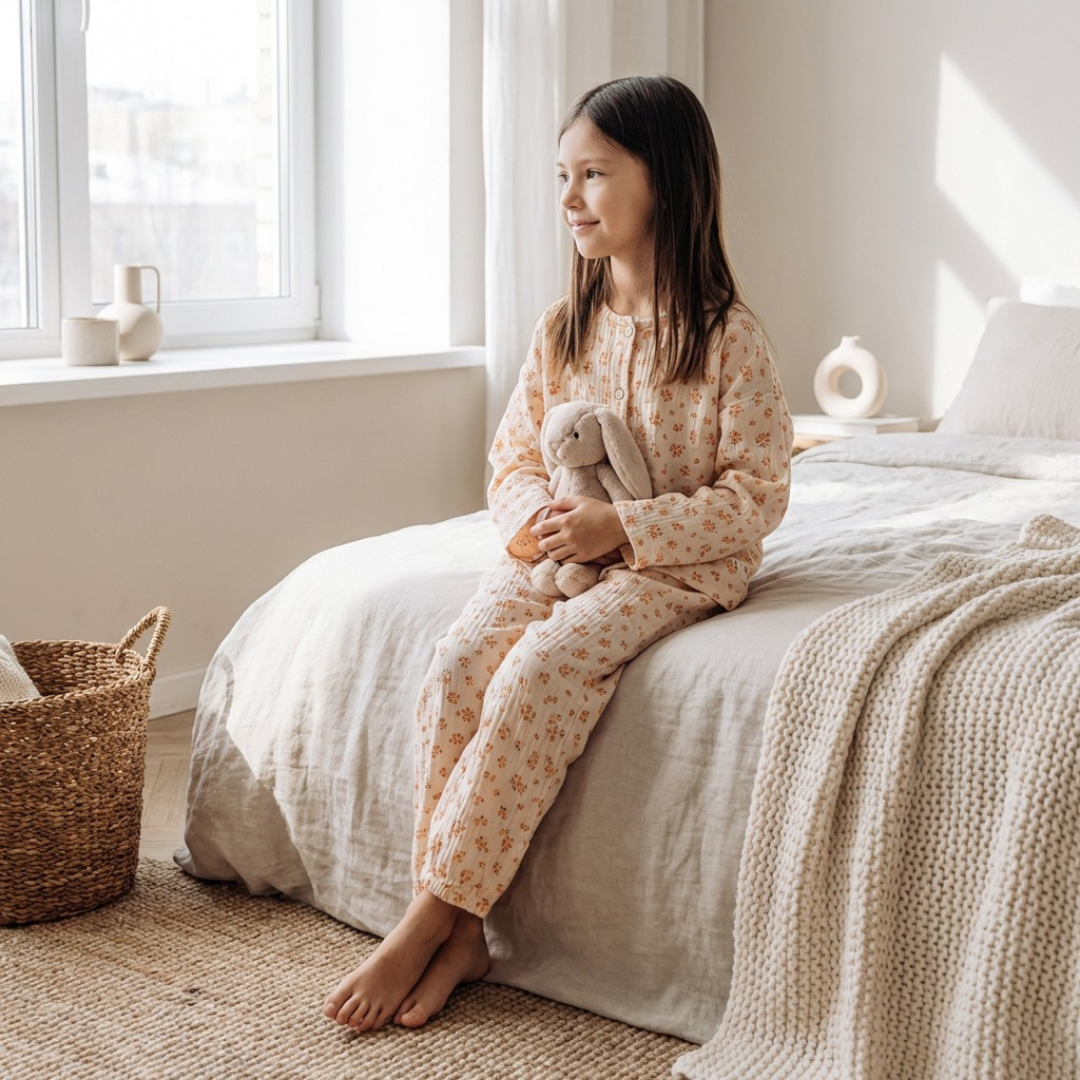 Rozentuin kinderpyjama in perzik met bloemetjesprint – airenso