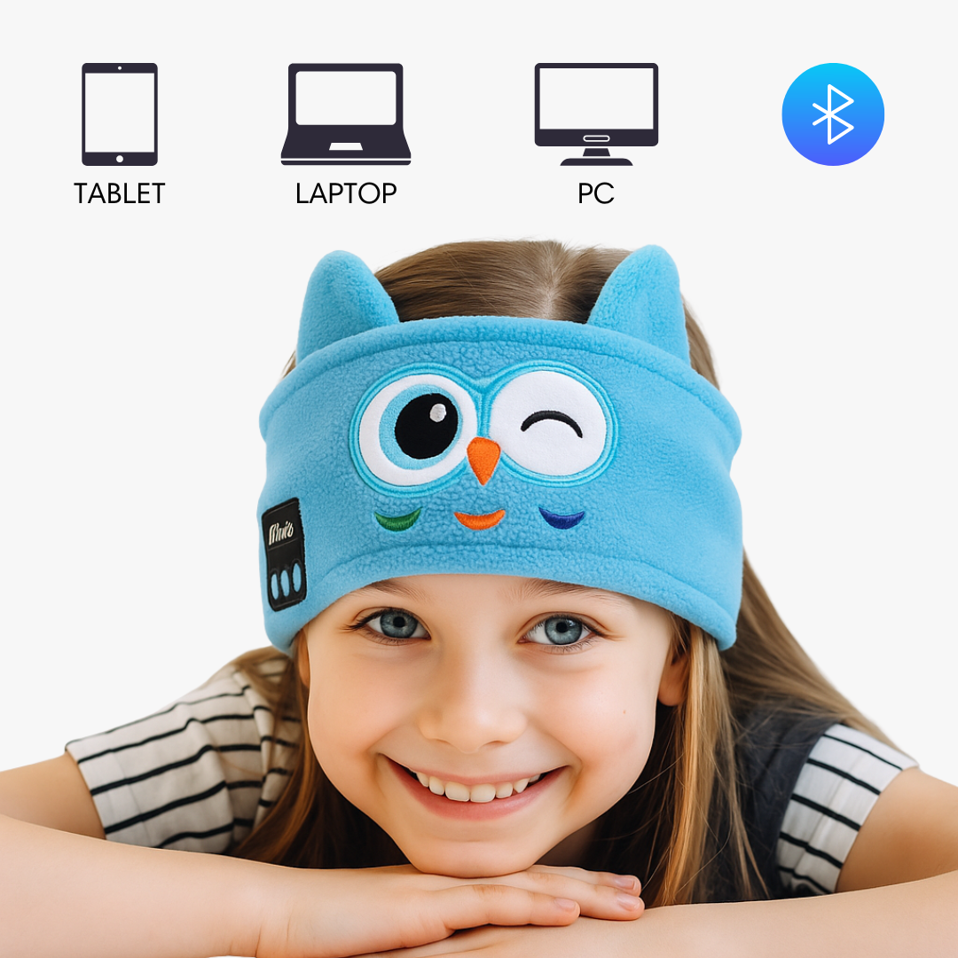Meisje met het blauwe uil bluetooth slaapmasker, geschikt voor tablet, laptop en pc