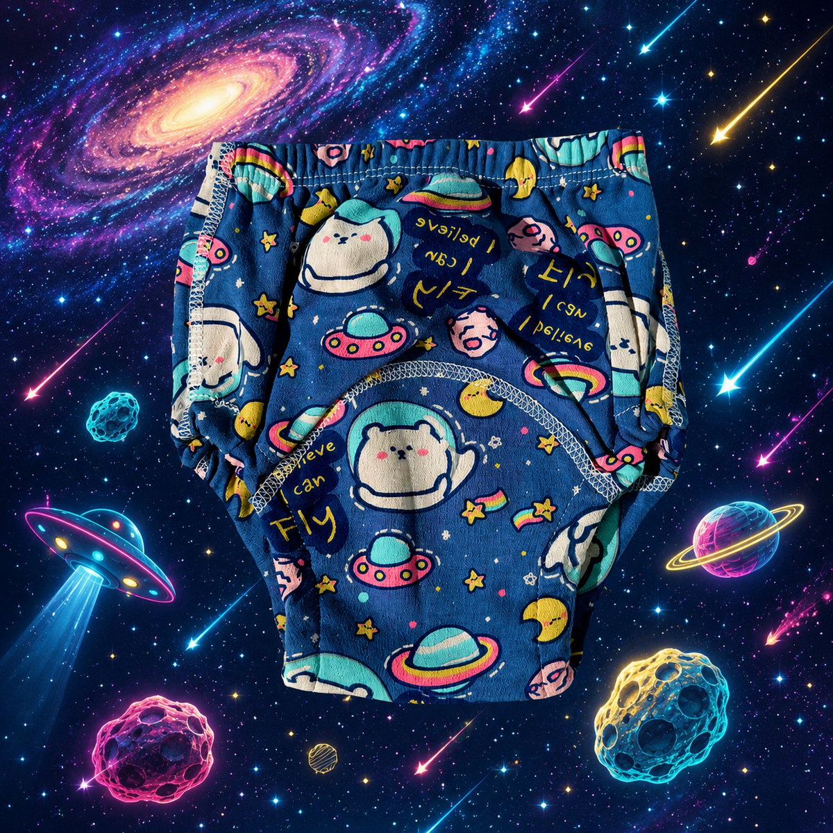 airenso trainingsbroekje donkerblauw met astronauten, raketten en planeten in een ruimtedecor