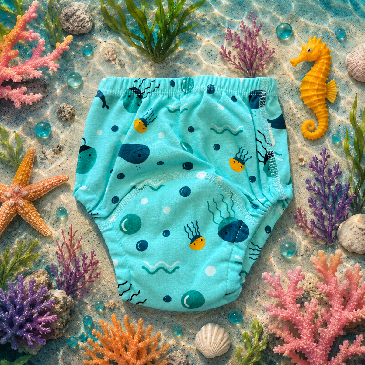 airenso trainingsbroekje turquoise met walvissen en zeedieren tussen schelpen en koraal