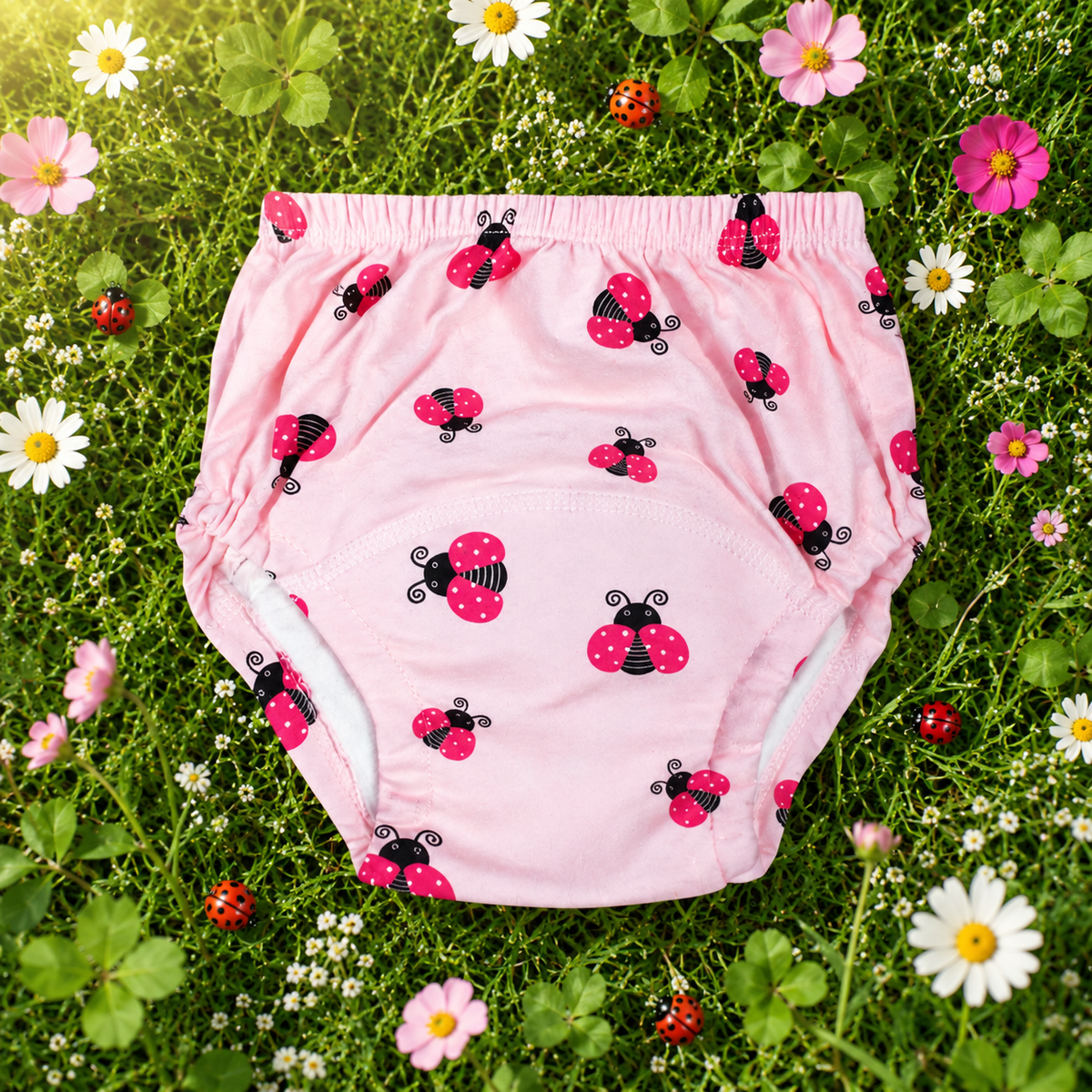airenso trainingsbroekje roze met lieveheersbeestjes tussen gras en bloemen