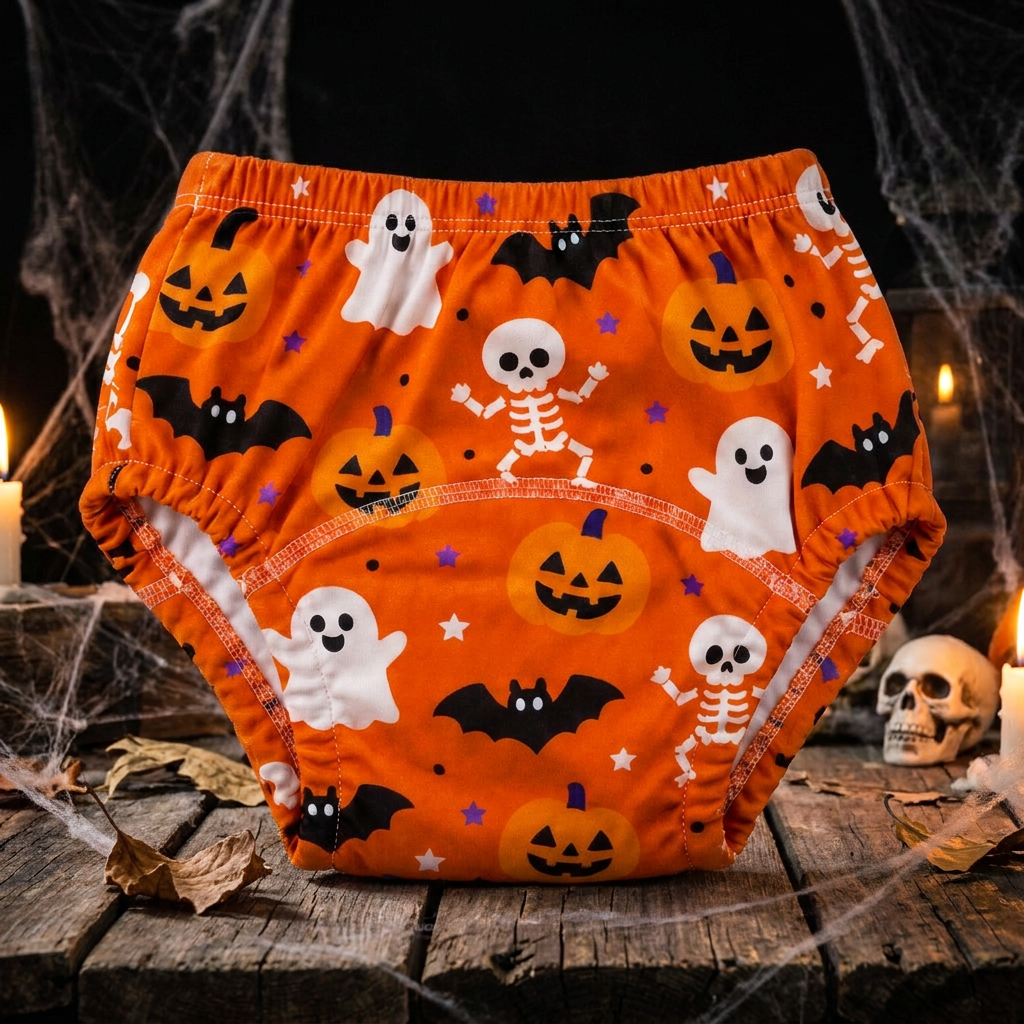 airenso trainingsbroekje oranje met pompoenen, spookjes, vleermuizen en skeletjes in een halloweendecor