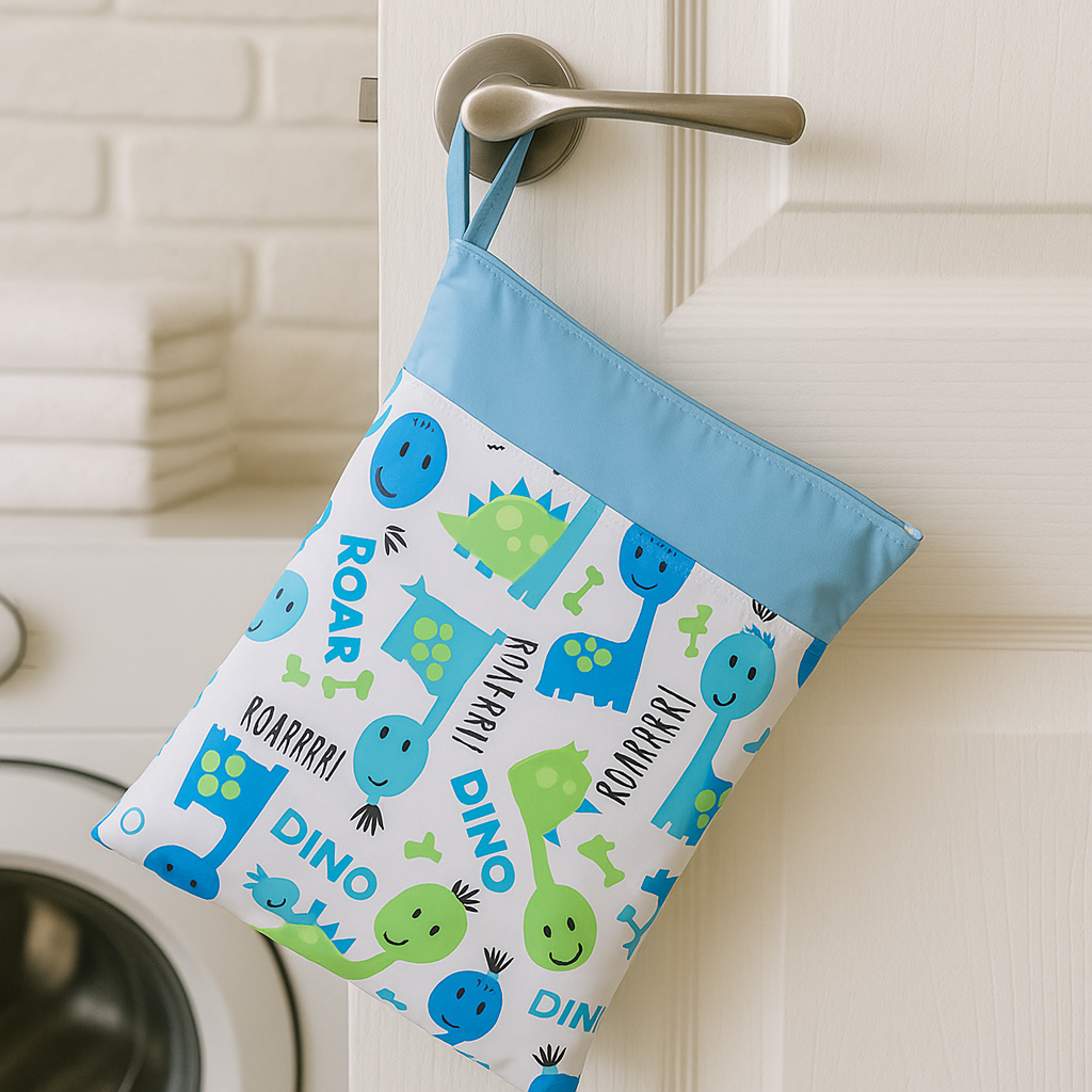airenso wet bag met dinoprint aan een deurklink